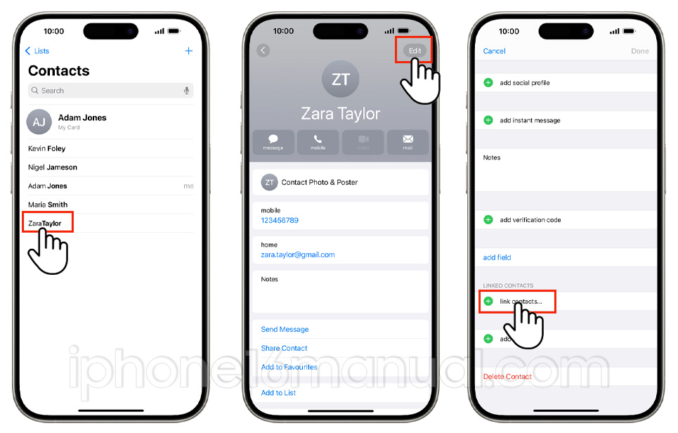 link contacts iphone 16